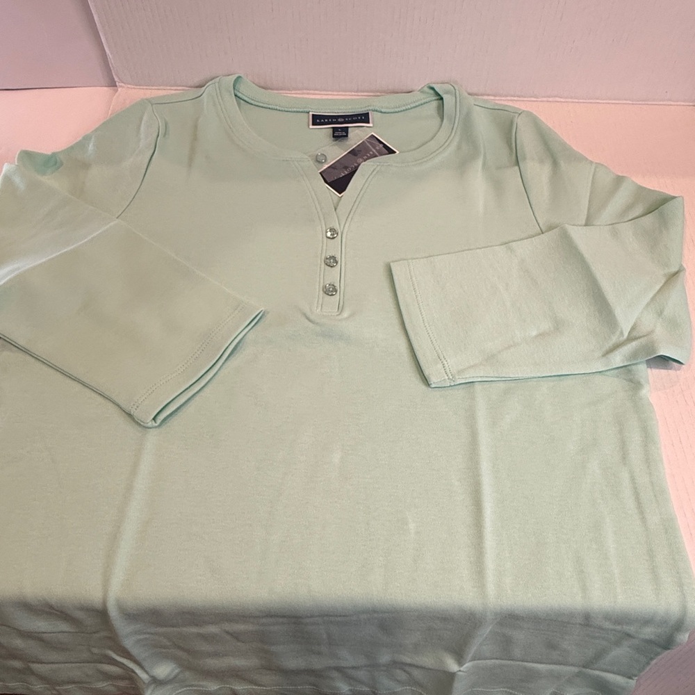🆕 PTP 21” 💚Karen Scott Essentials Aqua Ice Henley Top | 100% Cotton | Large